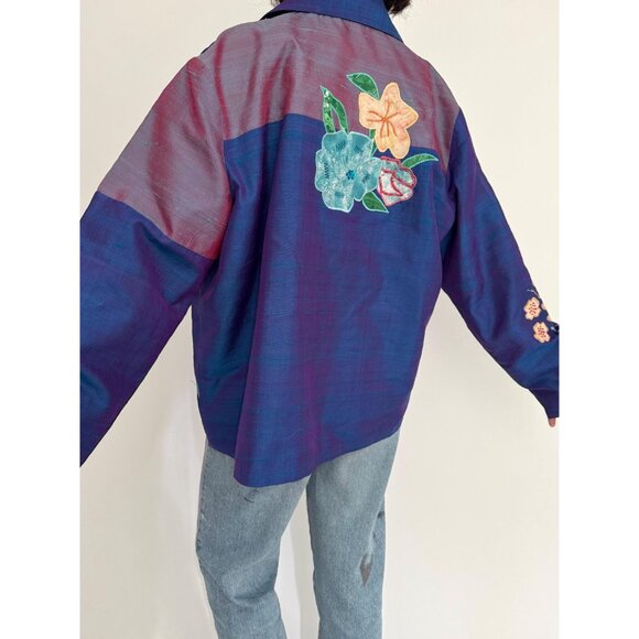 90s vintage blue shiny floral embroidered patchwork light silk button up jacket - Picture 5 of 10